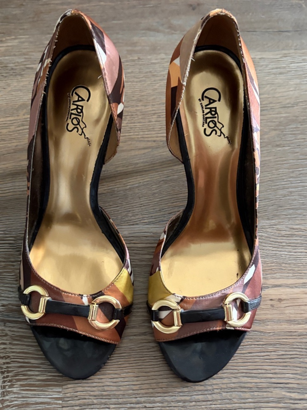 Carlos by Carlos Santana Multicolor Brown Tan Black Gold Buckle Open-Toe Heels